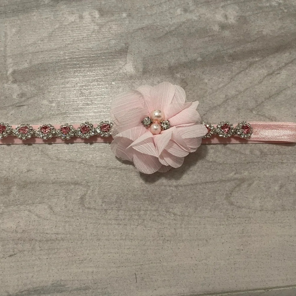 The Tiny Blessings Boutique Pink Rhinestone Newborn Headband With Pink Flower